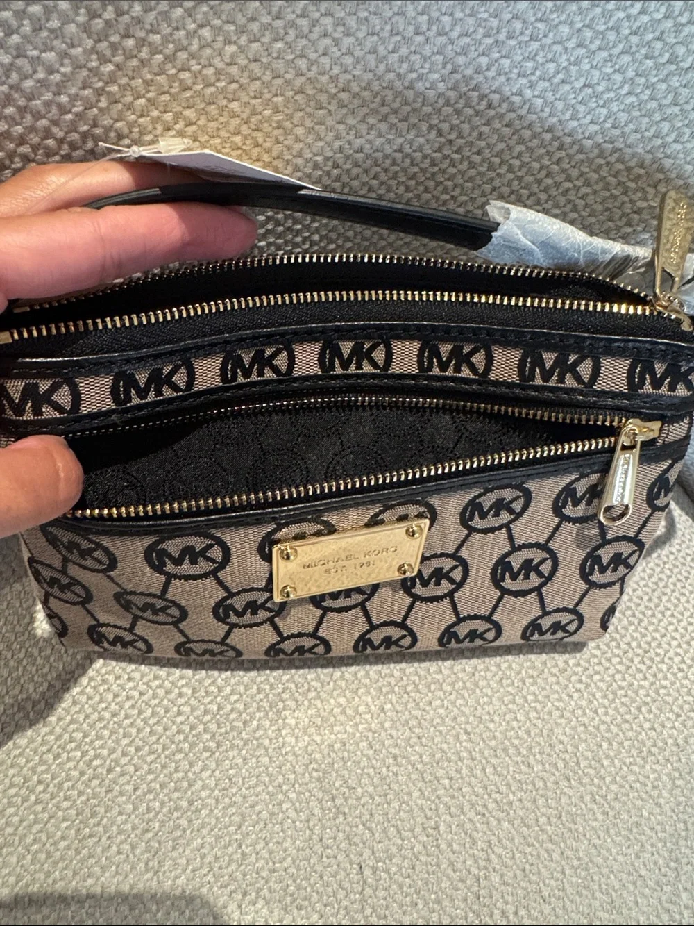 Michael Kors Beige & Black Monogram Jacquard Signature MK Wristlet